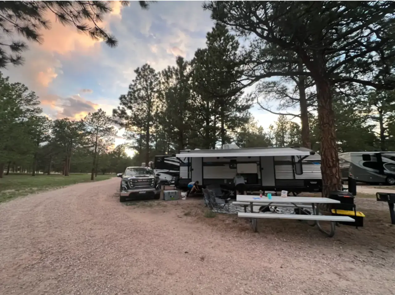 RV campsite among tall Colorado pines at dusk with picnic table